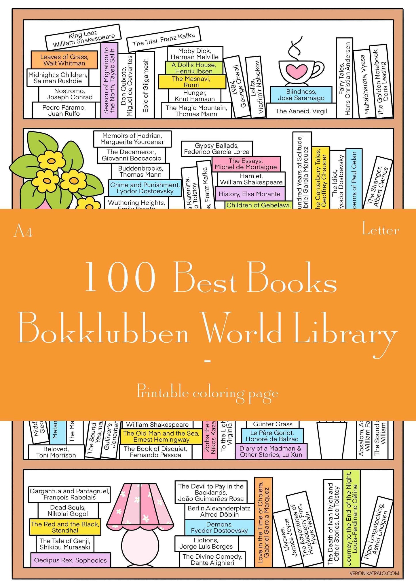 Printable Bokklubben World Library reading challenge, The 100 Best Books of All Time reading list, Literature's Top 100 list | A4 + LETTER