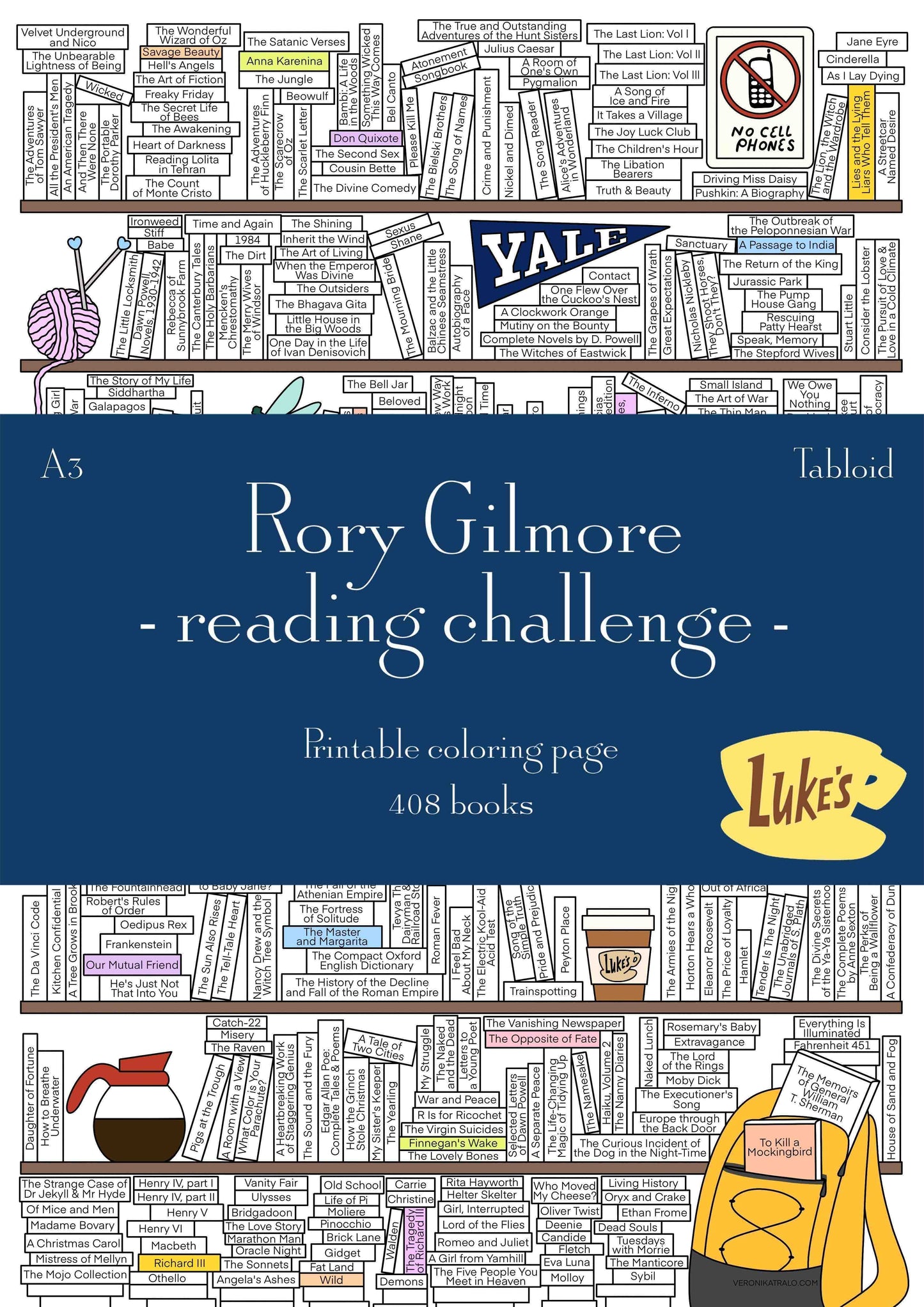 Rory Gilmore reading challenge printable colouring page by Veronika Tralo