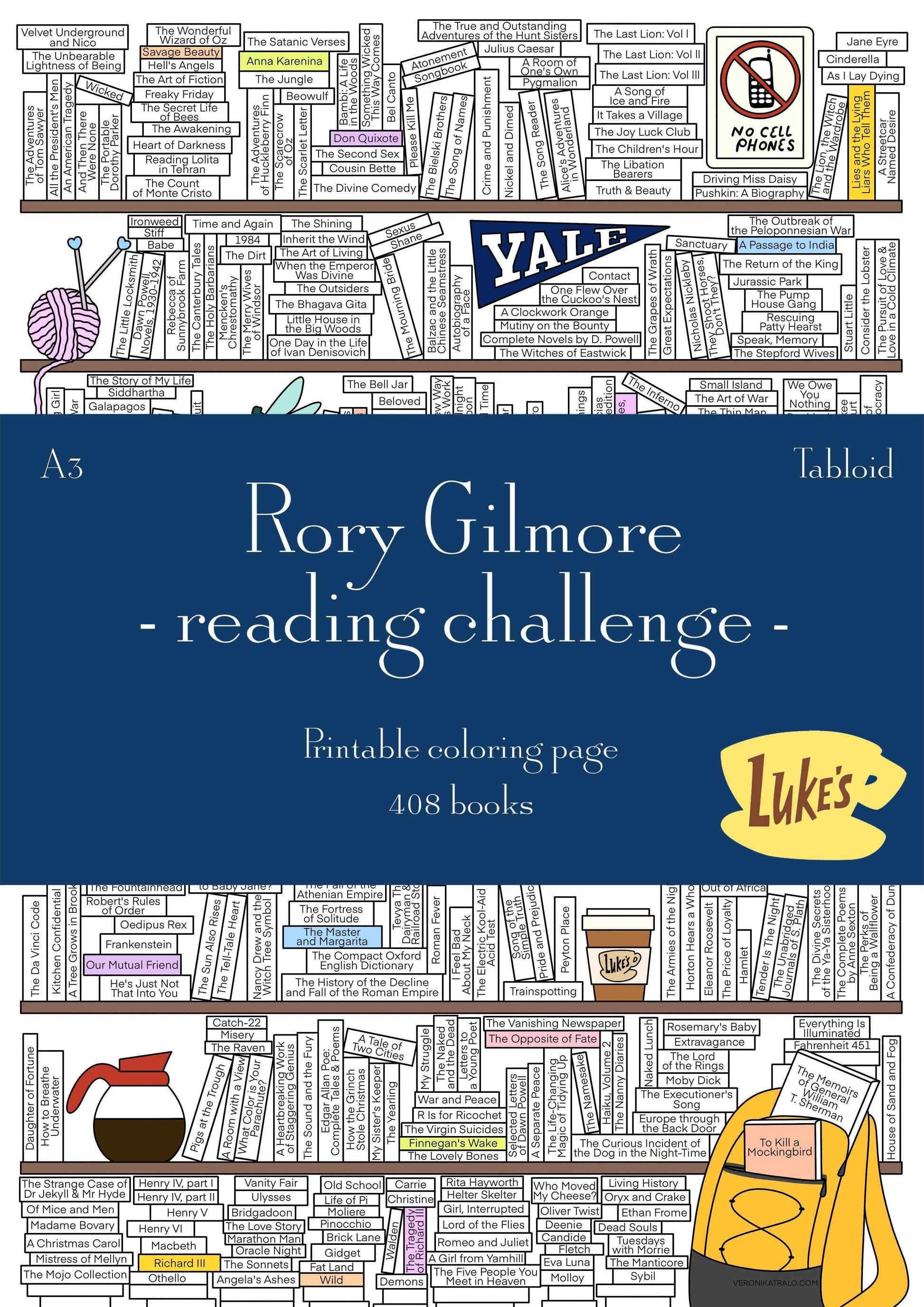 Rory Gilmore reading challenge printable colouring page by Veronika Tralo