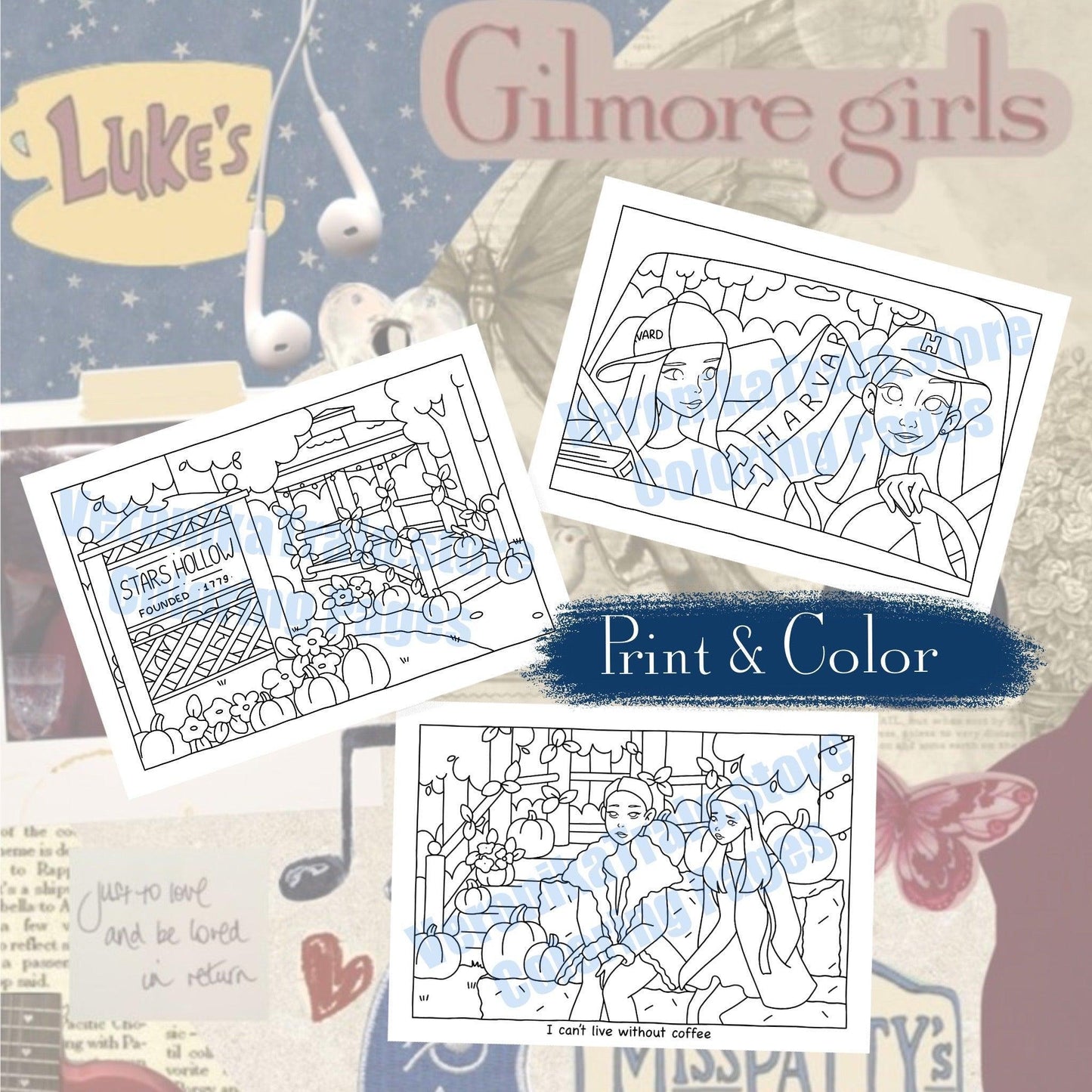 Digital download • Gilmore Girls autumn coloring pages (Set of 3) 🍂☕️📚 - amigoscanarios