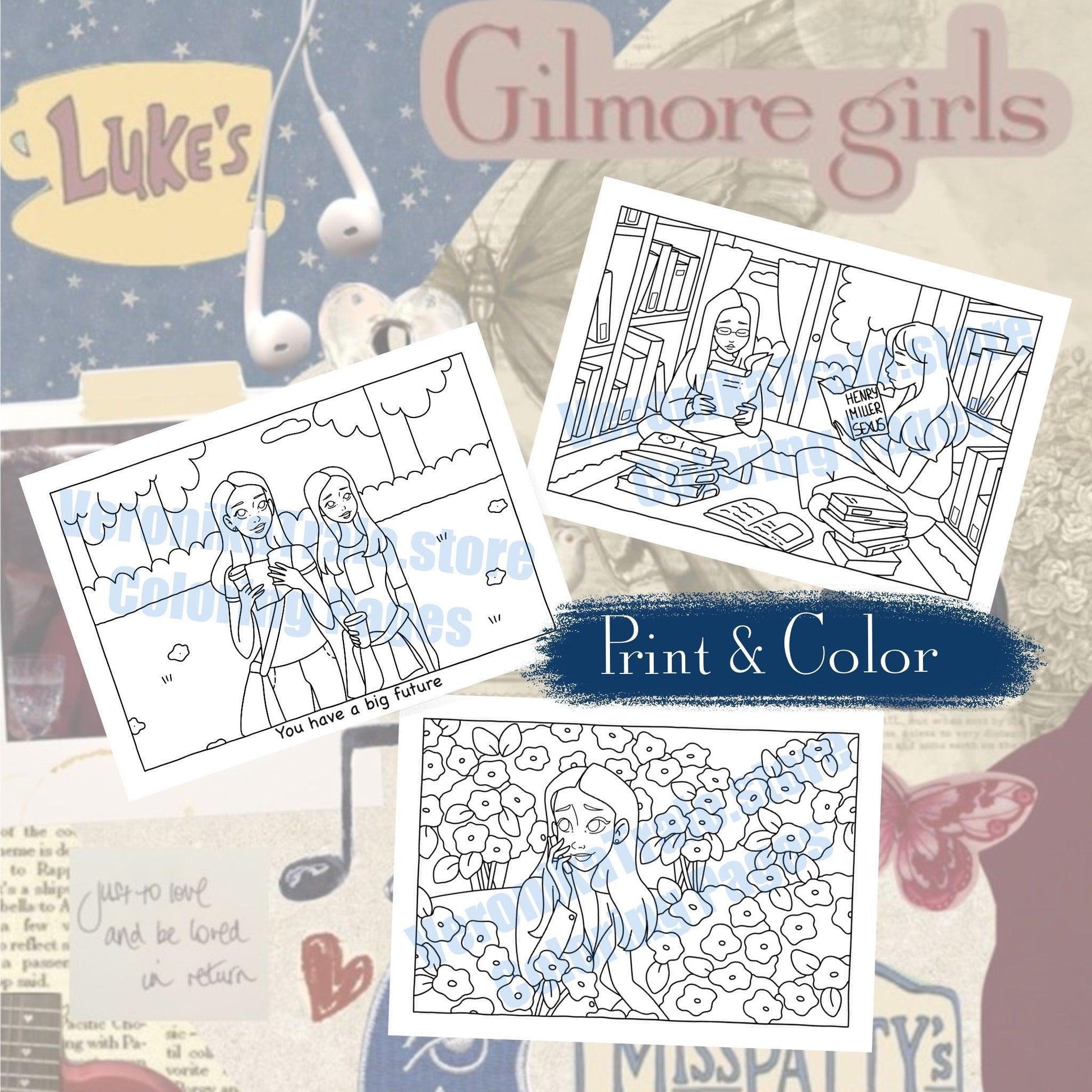 Digital download • Gilmore Girls spring coloring pages (Set of 3) 🌼☕️📚 - amigoscanarios